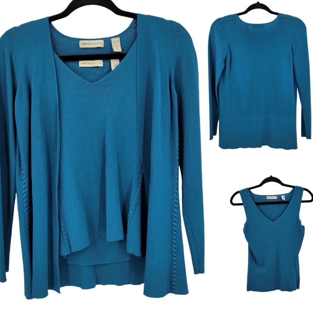 Vintage 90's Valerie Open Cardigan Sweater Set Sz M‎ Turquoise Braided Edge